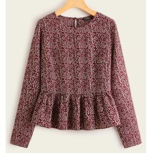 Burgundy Dalmatian Print Peplum Patterned Long Sleeve Blouse NWOT